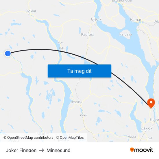 Joker Finnøen to Minnesund map