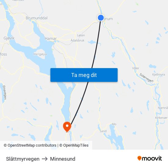 Slåttmyrvegen to Minnesund map