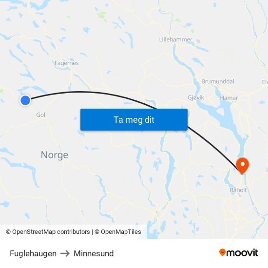 Fuglehaugen to Minnesund map
