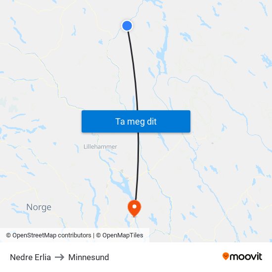 Nedre Erlia to Minnesund map