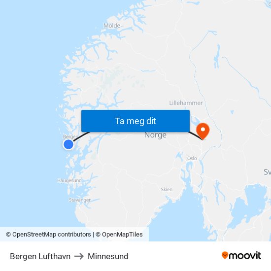 Bergen Lufthavn to Minnesund map