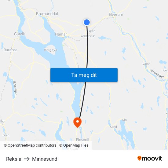 Reksla to Minnesund map