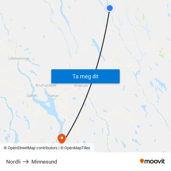 Nordli to Minnesund map
