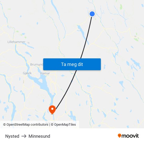 Nysted to Minnesund map