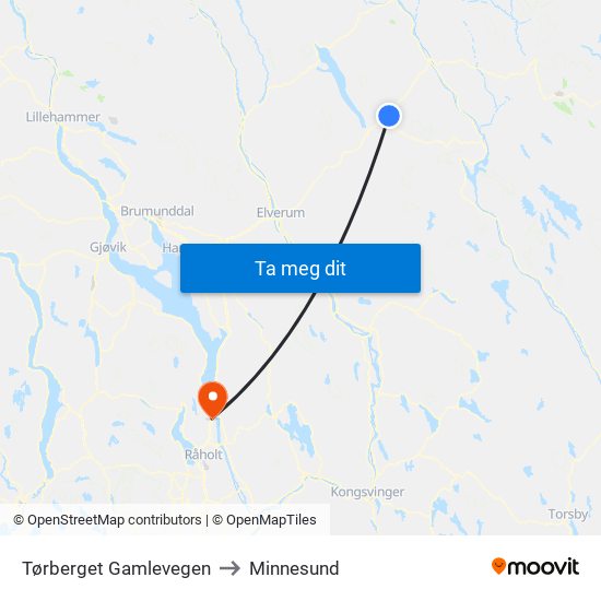 Tørberget Gamlevegen to Minnesund map