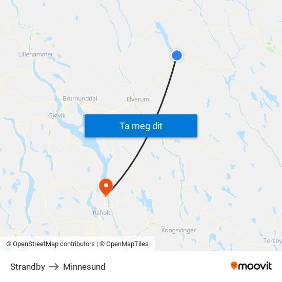 Strandby to Minnesund map