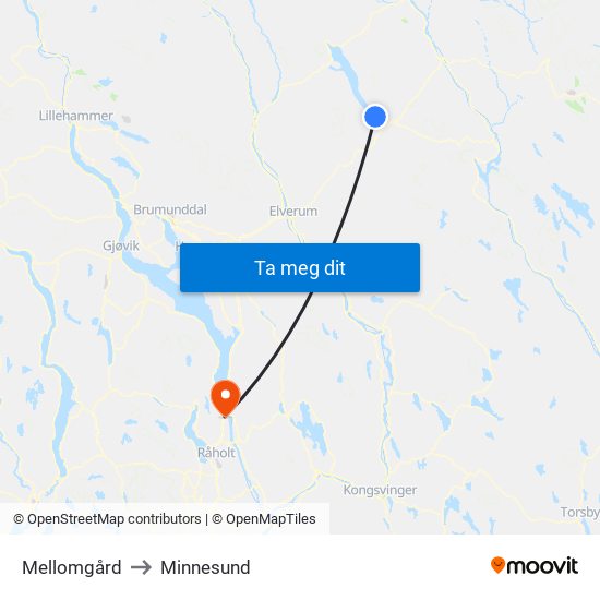 Mellomgård to Minnesund map