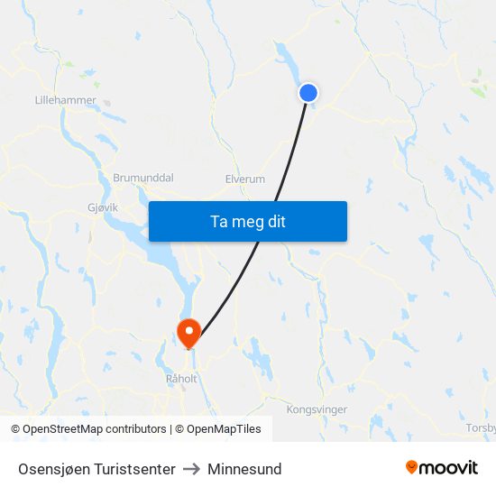 Osensjøen Turistsenter to Minnesund map