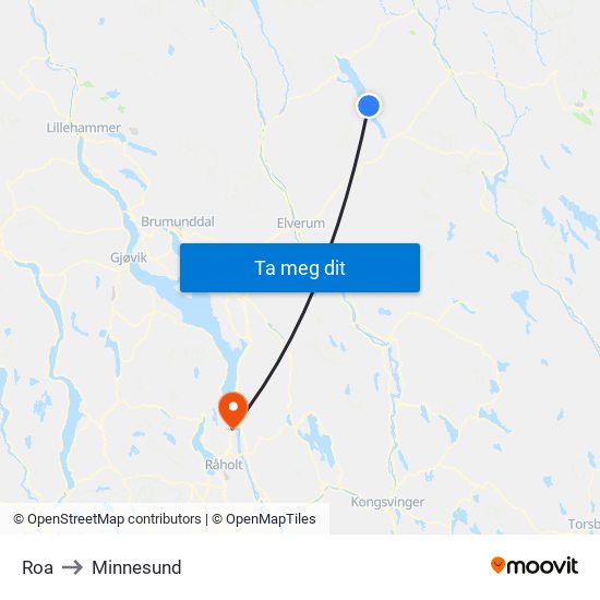 Roa to Minnesund map