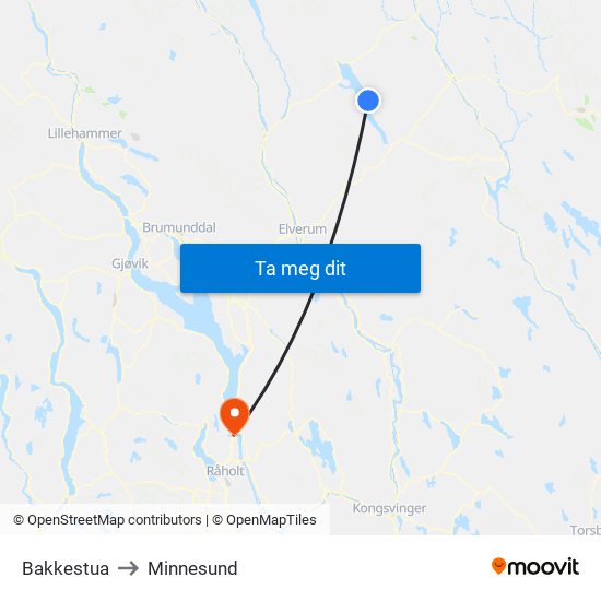 Bakkestua to Minnesund map