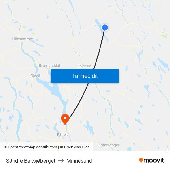 Søndre Baksjøberget to Minnesund map