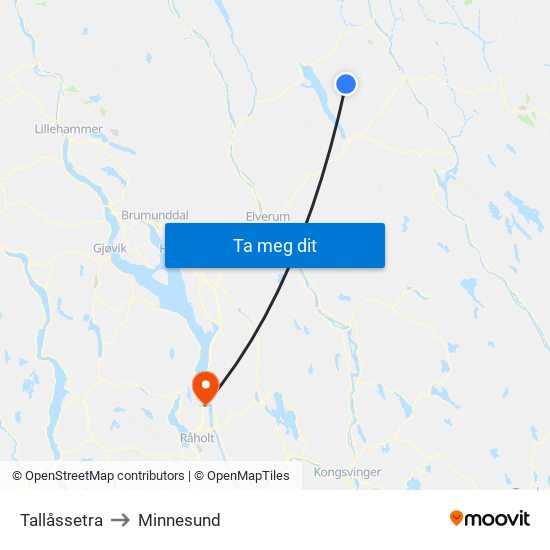 Tallåssetra to Minnesund map