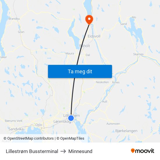 Lillestrøm Bussterminal to Minnesund map