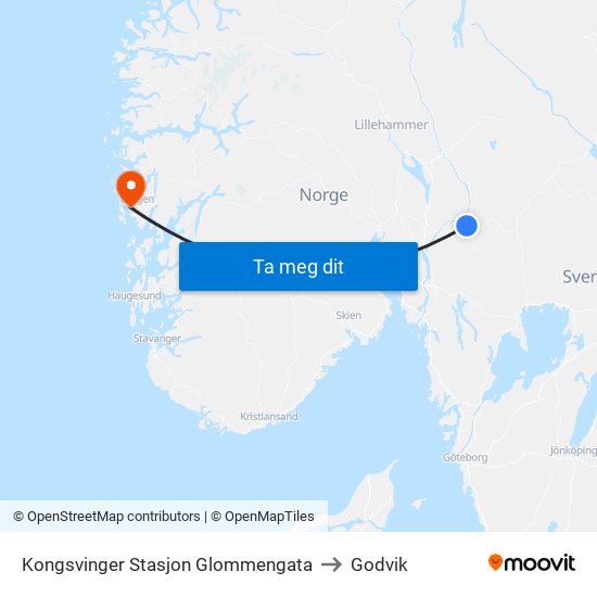 Kongsvinger Stasjon Glommengata to Godvik map