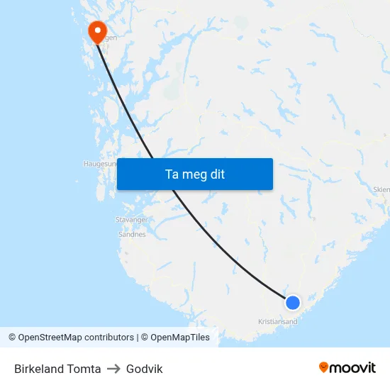 Birkeland Tomta to Godvik map