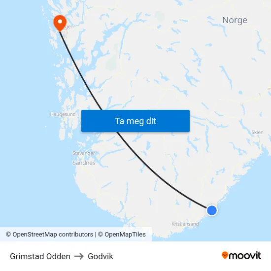 Grimstad Odden to Godvik map