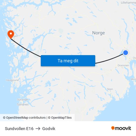 Sundvollen E16 to Godvik map