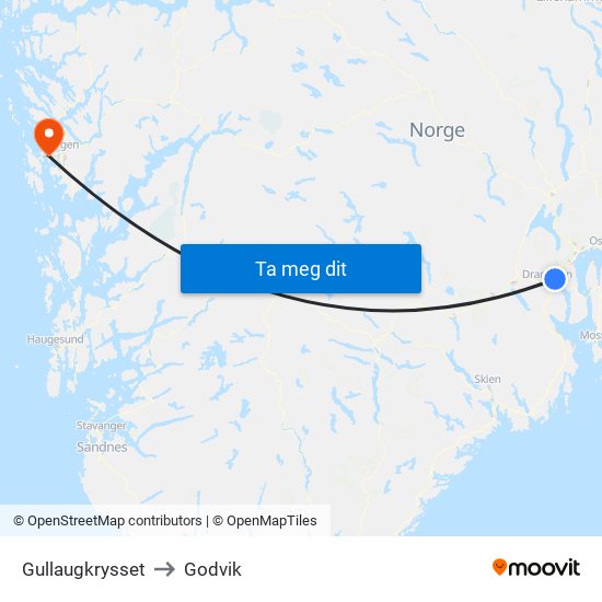 Gullaugkrysset to Godvik map