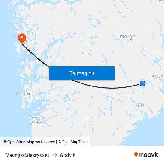 Veungsdalskrysset to Godvik map