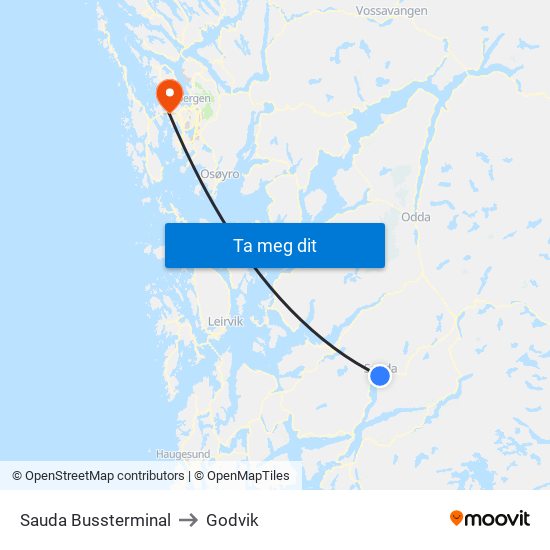 Sauda Bussterminal to Godvik map