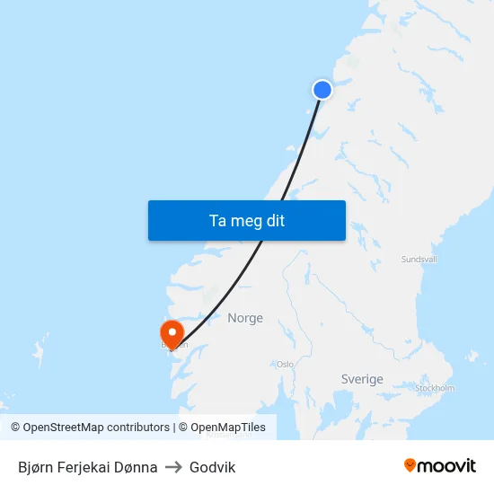 Bjørn Ferjekai Dønna to Godvik map