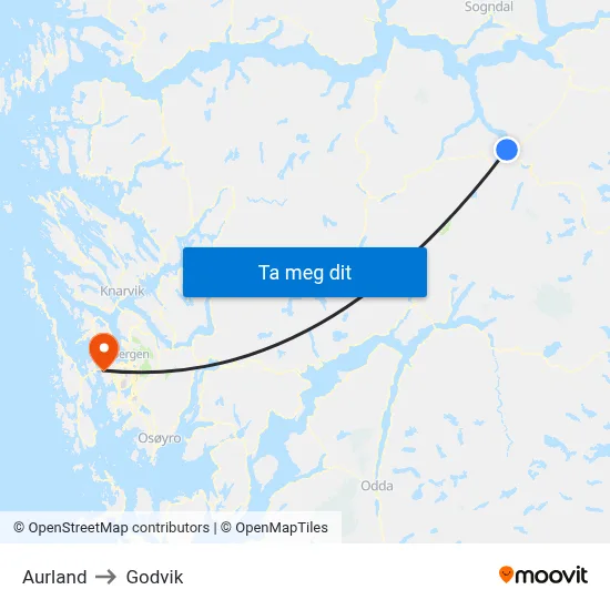 Aurland to Godvik map