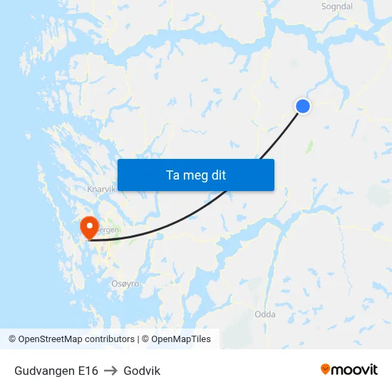Gudvangen E16 to Godvik map