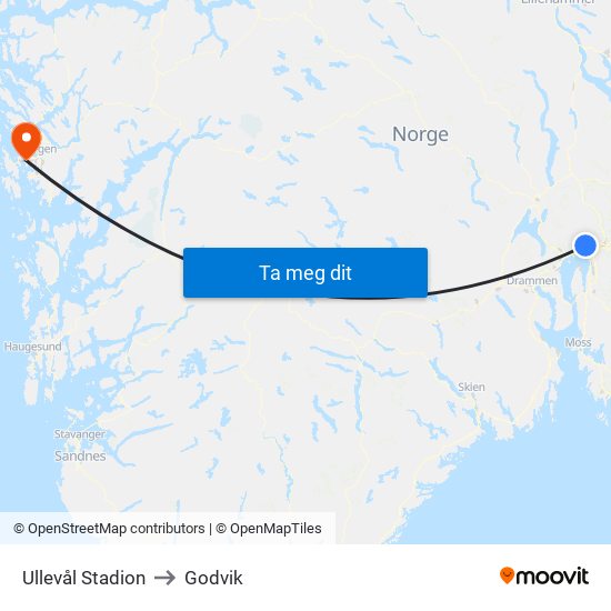 Ullevål Stadion to Godvik map