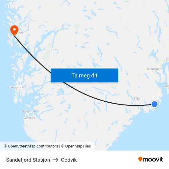 Sandefjord Stasjon to Godvik map