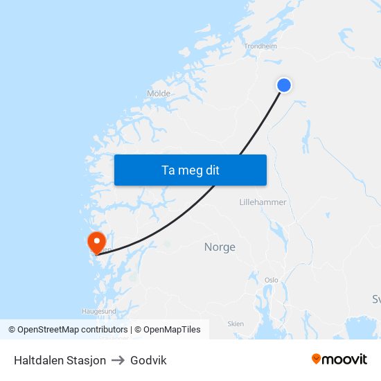 Haltdalen Stasjon to Godvik map