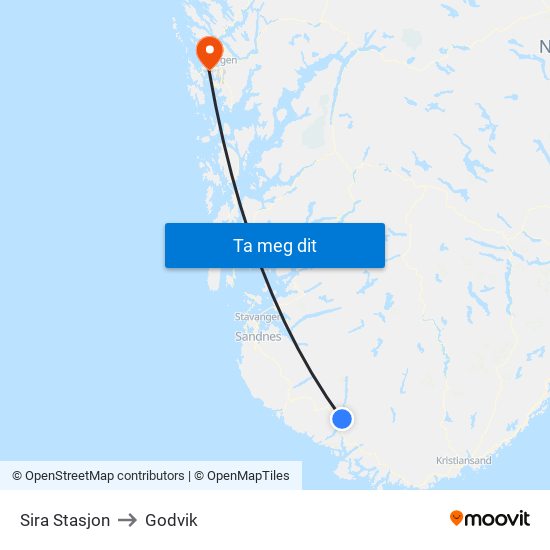 Sira Stasjon to Godvik map