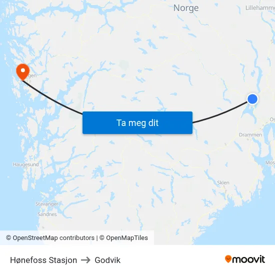 Hønefoss Stasjon to Godvik map