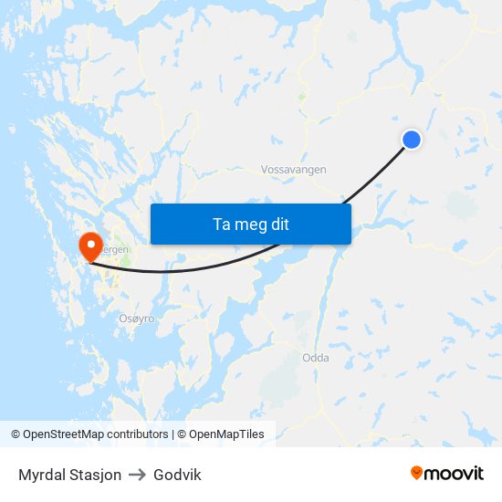 Myrdal Stasjon to Godvik map