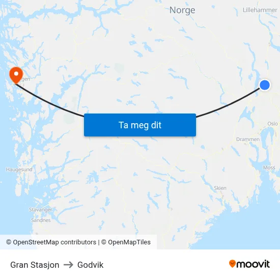 Gran Stasjon to Godvik map