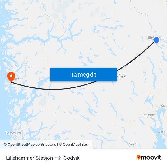 Lillehammer Stasjon to Godvik map