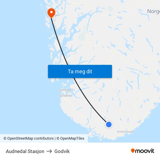 Audnedal Stasjon to Godvik map
