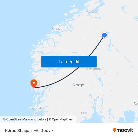 Røros Stasjon to Godvik map