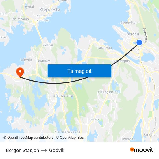Bergen Stasjon to Godvik map