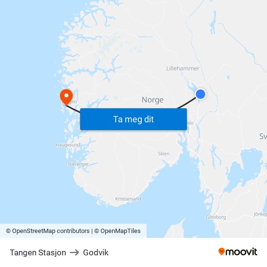 Tangen Stasjon to Godvik map