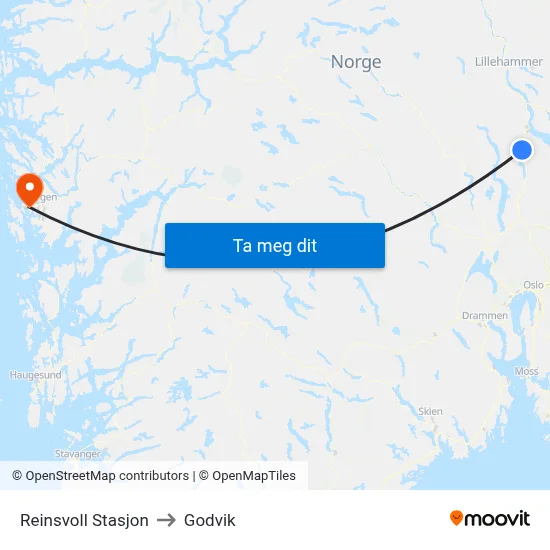 Reinsvoll Stasjon to Godvik map