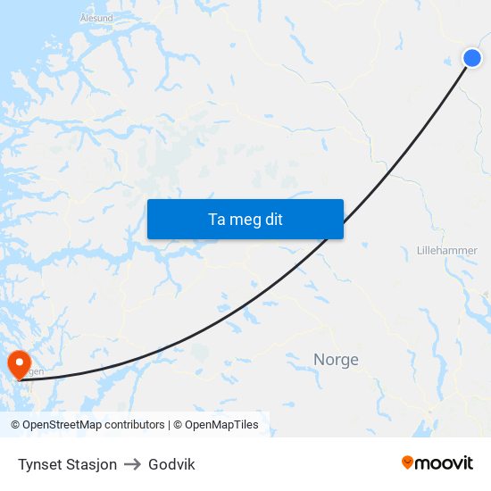 Tynset Stasjon to Godvik map