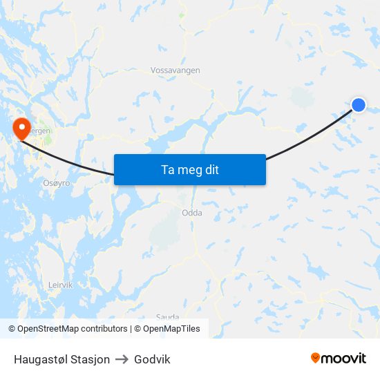 Haugastøl Stasjon to Godvik map