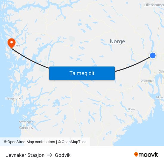 Jevnaker Stasjon to Godvik map