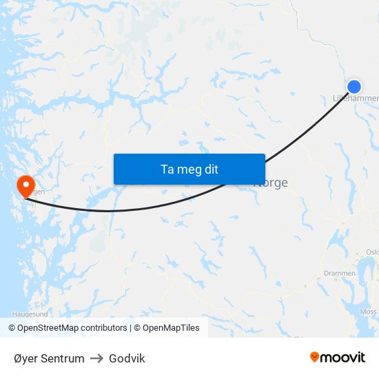 Øyer Sentrum to Godvik map