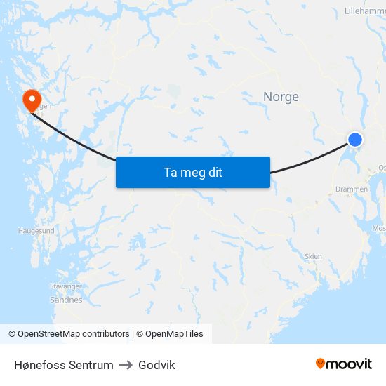 Hønefoss Sentrum to Godvik map