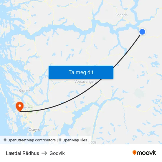 Lærdal Rådhus to Godvik map