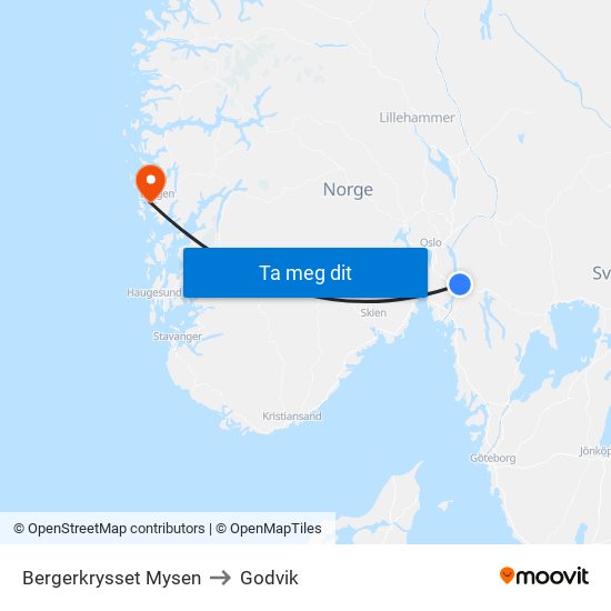 Bergerkrysset Mysen to Godvik map