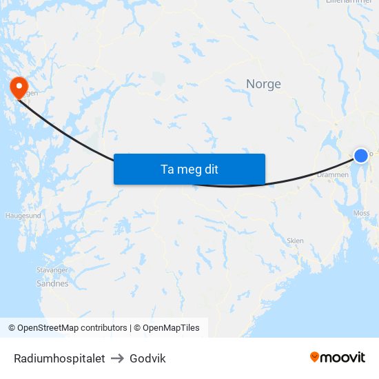 Radiumhospitalet to Godvik map