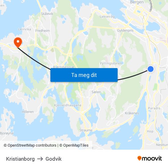 Kristianborg to Godvik map