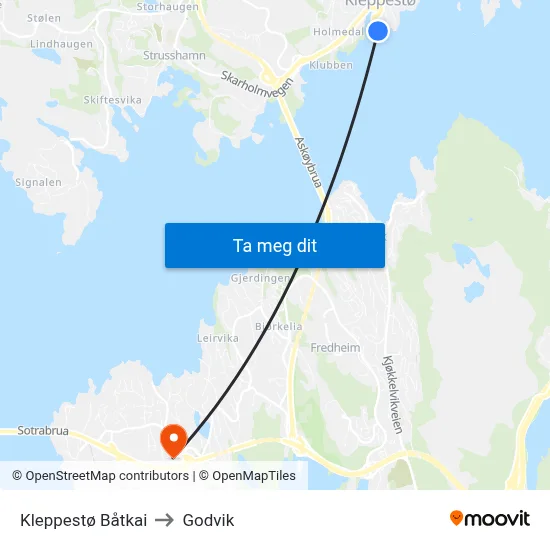 Kleppestø Båtkai to Godvik map
